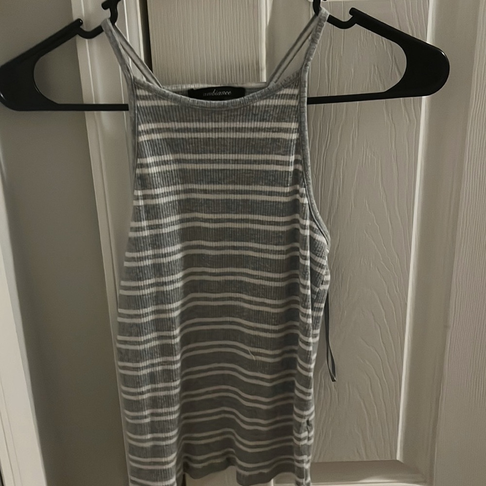 grey and white striped tank top.